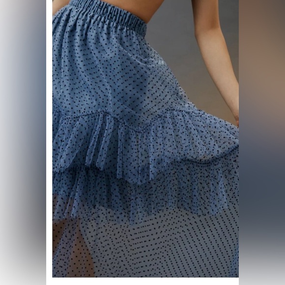 Anthropologie Eva Franco Ruffled Tulle Midi Skirt Blue Polka Dot - Picture 2 of 6